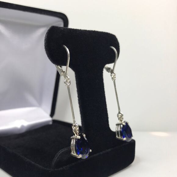 Beautiful 2" 6ctw Sapphire Earrings in Sterling Silver Lab Grown Sapphires - Picture 5 of 8